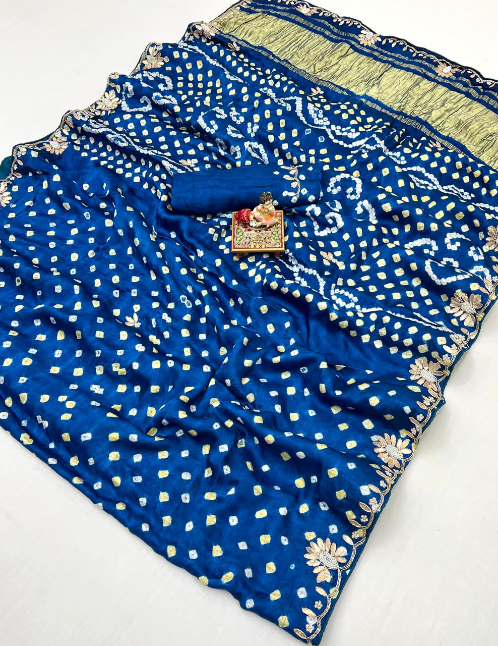 Blue Bandhani Viscose Gajji Silk Saree with Gota Patti