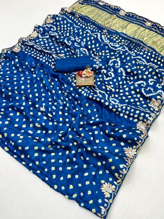 Blue Bandhani Viscose Gajji Silk Saree with Gota Patti