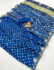 Blue Bandhani Viscose Gajji Silk Saree with Gota Patti - Blue