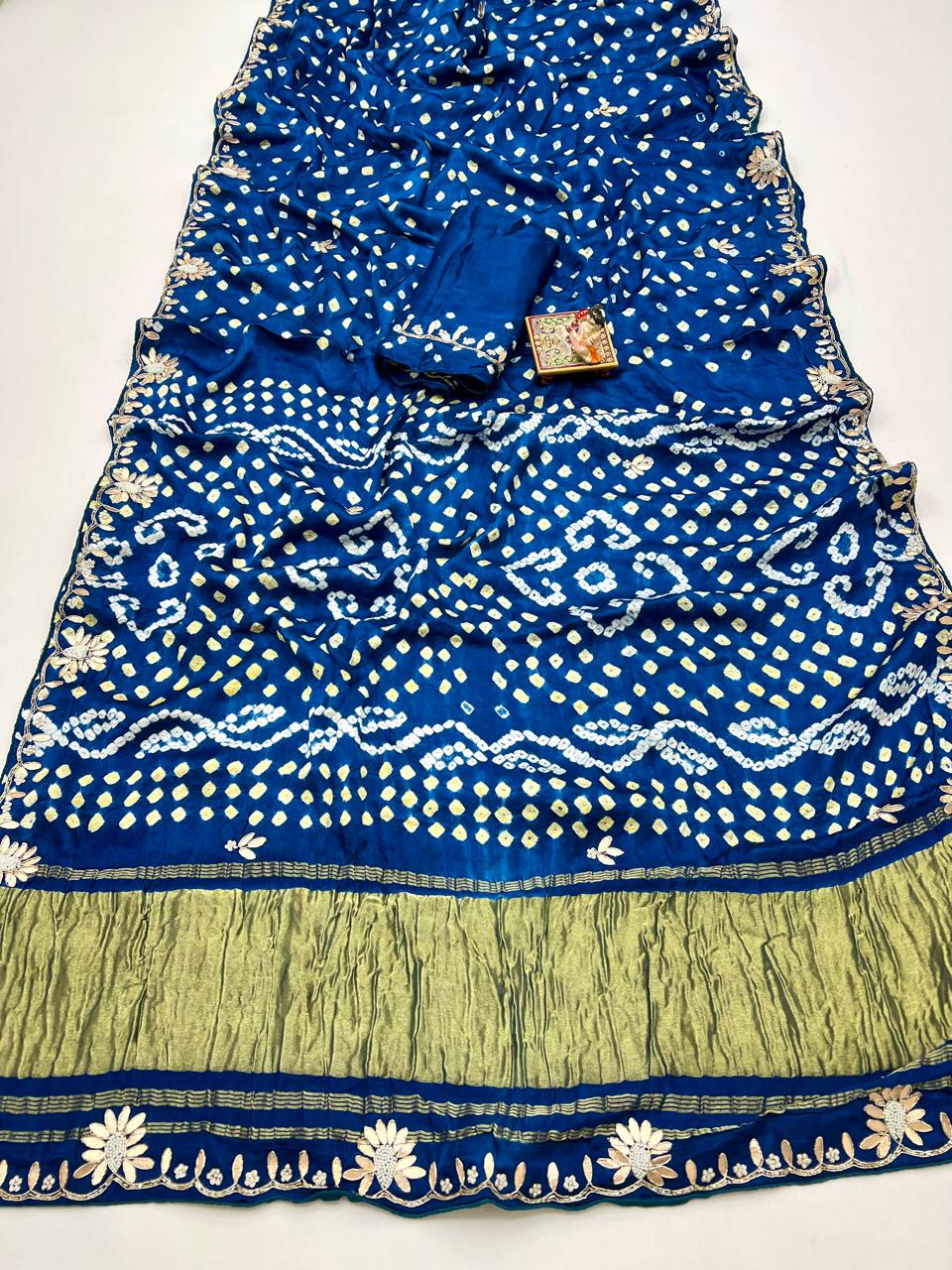 Blue Bandhani Viscose Gajji Silk Saree with Gota Patti