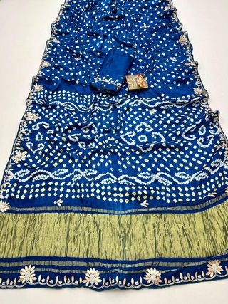 Blue Bandhani Viscose Gajji Silk Saree with Gota Patti
