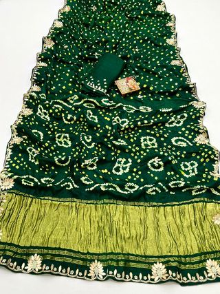 Green Bandhani Viscose Gajji Silk Saree with Gota Patti