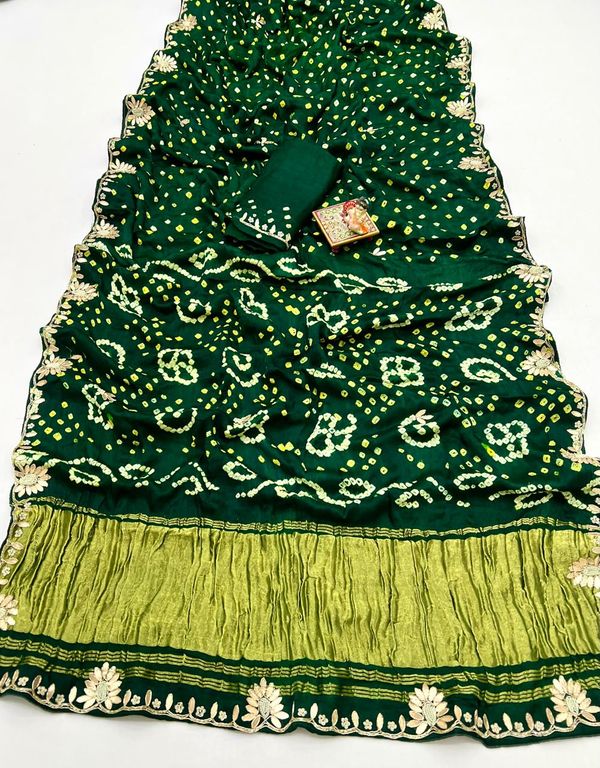 Green Bandhani Viscose Gajji Silk Saree With Gota Patti