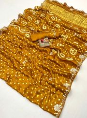 Mustard Bandhani Viscose Gajji Silk Saree with Handwork - Mustard