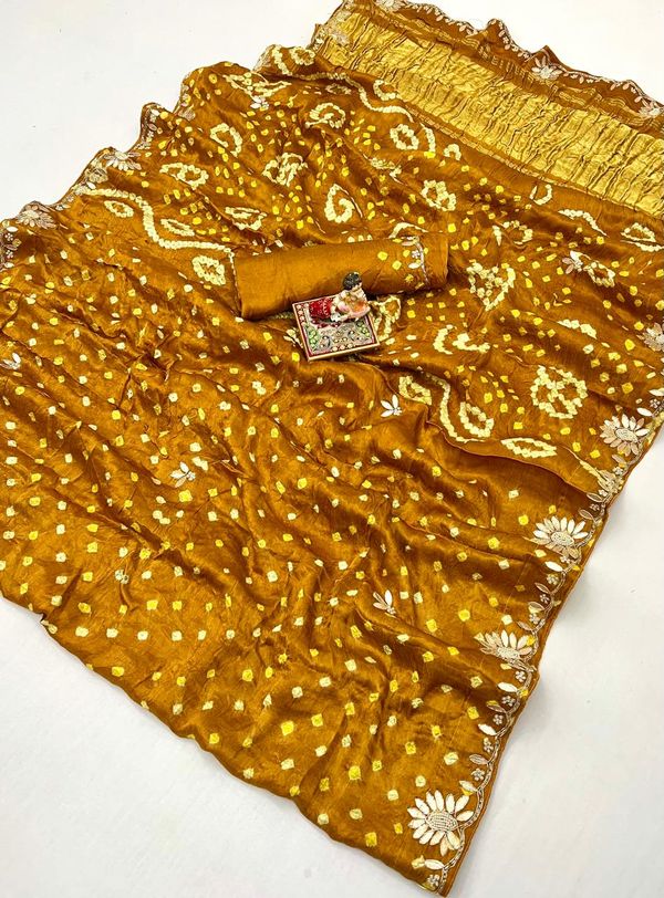 Mustard Bandhani Viscose Gajji Silk Saree with Handwork
