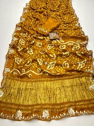 Mustard Bandhani Viscose Gajji Silk Saree with Handwork