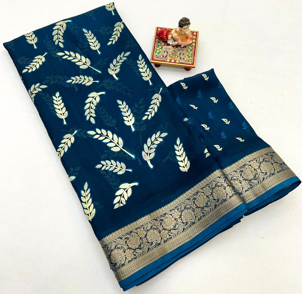 Teal Printed Moss Georgette Saree With Zari Border