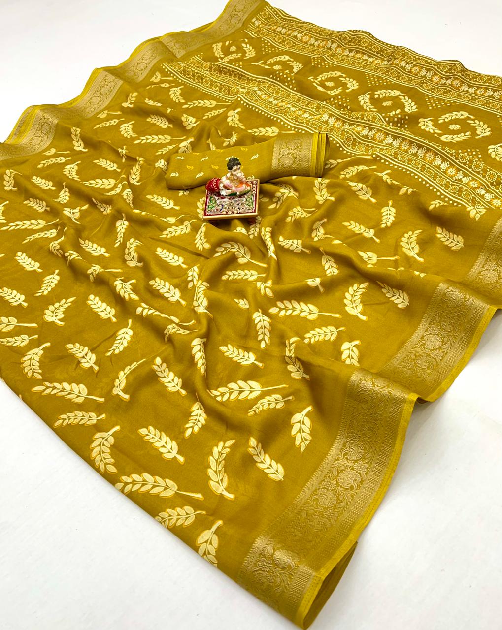 Mustard Printed Moss Georgette Saree With Zari Border