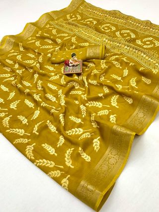 Mustard Printed Moss Georgette Saree With Zari Border