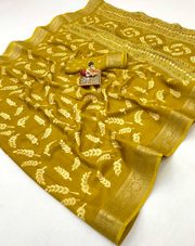 Mustard Printed Moss Georgette Saree With Zari Border - Mustard