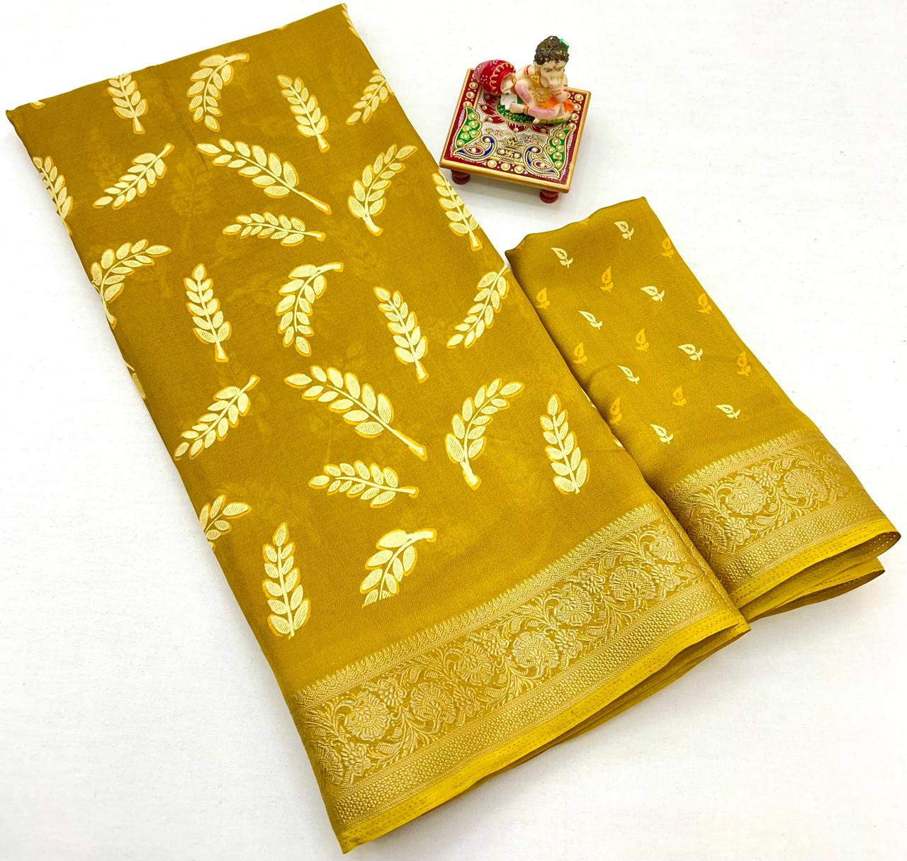 Mustard Printed Moss Georgette Saree With Zari Border