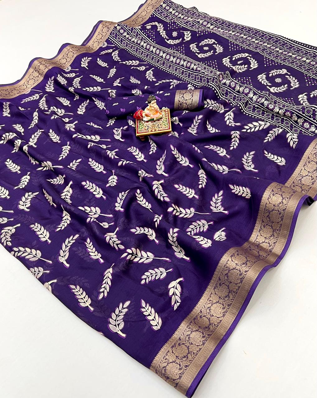 Purple Moss Georgette Printed Saree With Zari Border