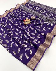 Purple Moss Georgette Printed Saree With Zari Border - Purple