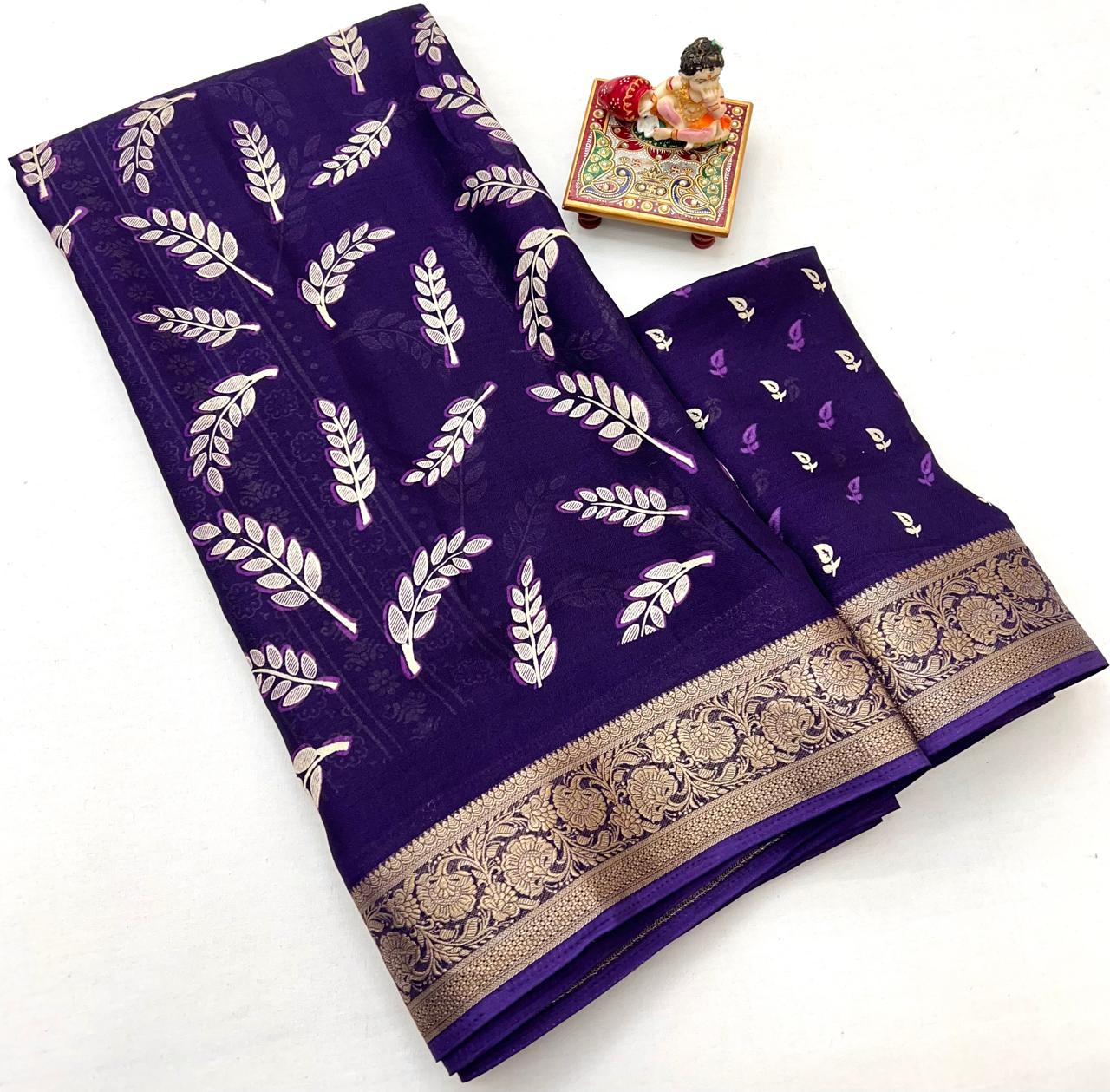 Purple Moss Georgette Printed Saree With Zari Border