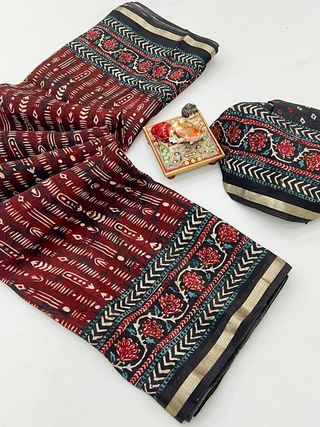 Maroon Digital Print Viscose Uppada Silk Saree Online