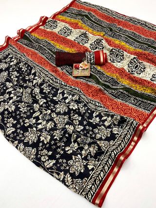 Navy Floral Digital Print Viscose Uppada Silk Saree