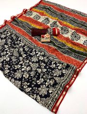 Navy Floral Digital Print Viscose Uppada Silk Saree - Navy