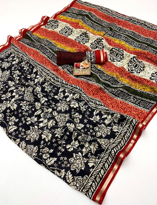 Navy Floral Digital Print Viscose Uppada Silk Saree