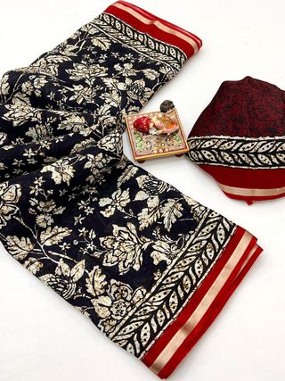 Navy Floral Digital Print Viscose Uppada Silk Saree