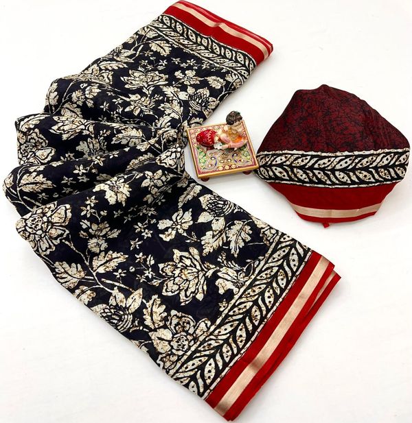 Navy Floral Digital Print Viscose Uppada Silk Saree