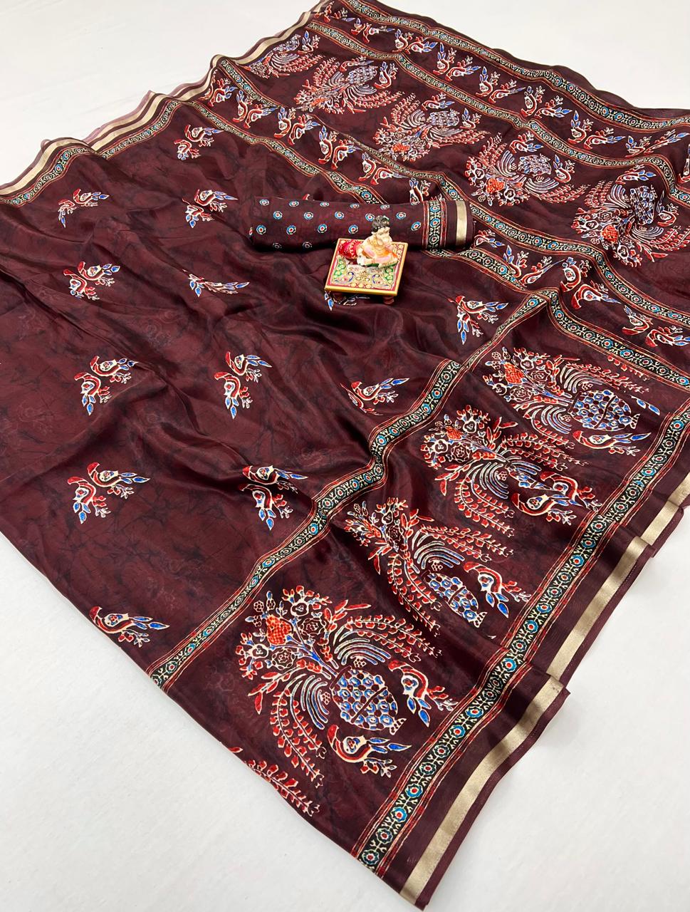 Maroon Digital Print Uppada Silk Saree With Woven Blouse