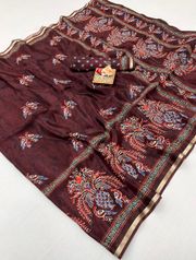 Maroon Digital Print Uppada Silk Saree With Woven Blouse - Maroon