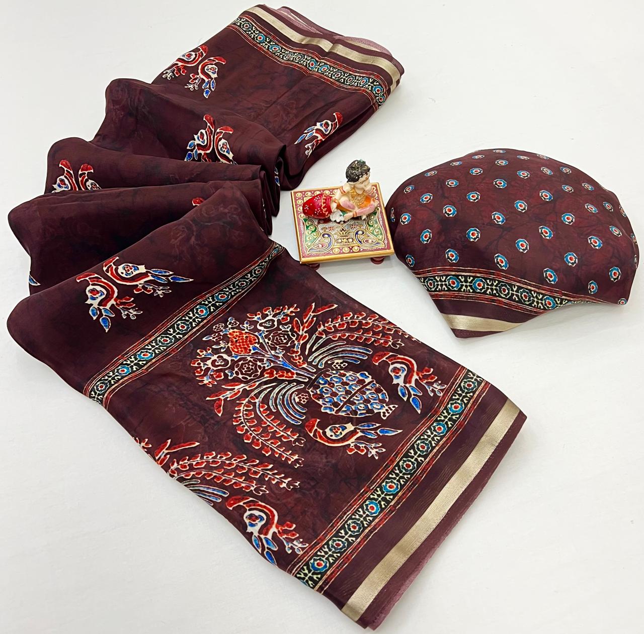 Maroon Digital Print Uppada Silk Saree With Woven Blouse