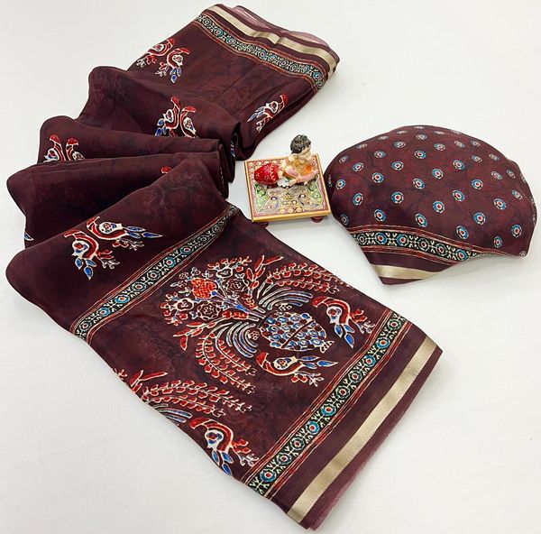 Maroon Digital Print Uppada Silk Saree With Woven Blouse