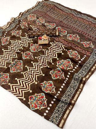 Brown Floral Digital Print Uppada Silk Saree With Blouse