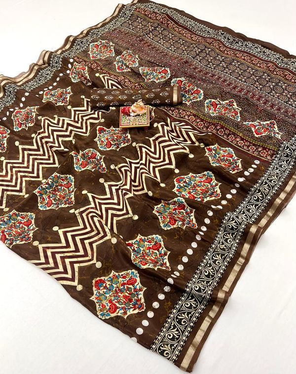 Brown Floral Digital Print Uppada Silk Saree With Blouse