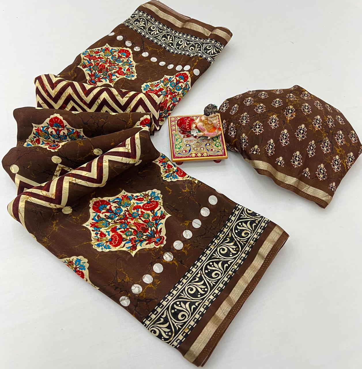 Brown Floral Digital Print Uppada Silk Saree With Blouse