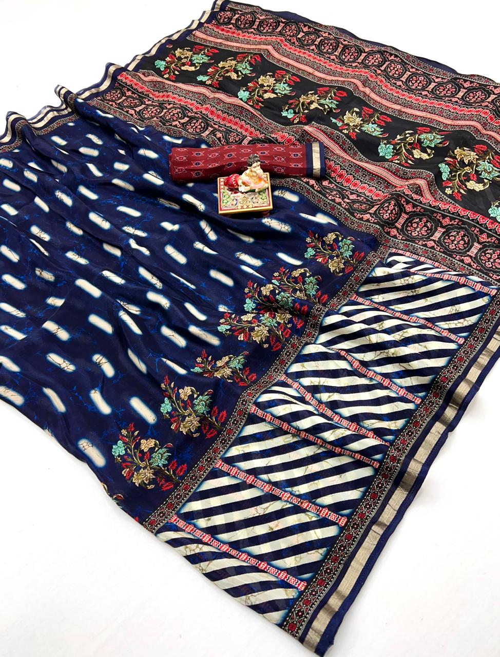 Premium Navy Blue Floral Uppada Silk Party Wear Saree