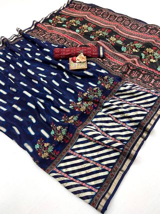 Premium Navy Blue Floral Uppada Silk Party Wear Saree