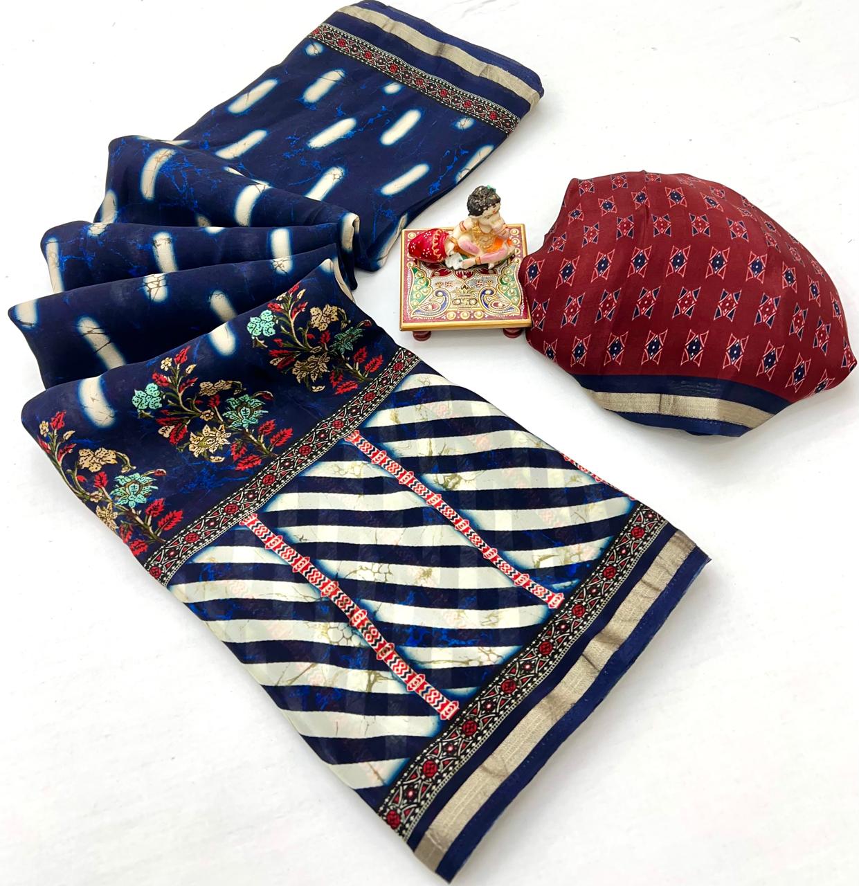 Premium Navy Blue Floral Uppada Silk Party Wear Saree