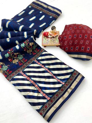 Premium Navy Blue Floral Uppada Silk Party Wear Saree