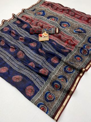 Royal Blue Ajrakh Digital Uppada Silk Saree With Blouse