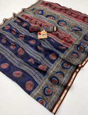 Royal Blue Ajrakh Digital Uppada Silk Saree With Blouse - Blue