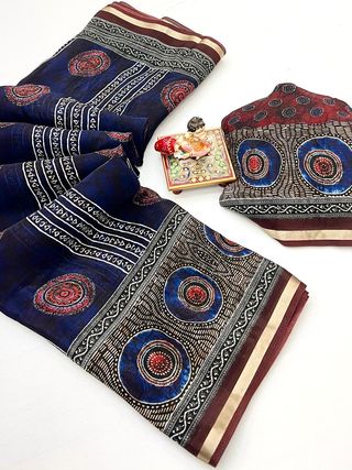 Royal Blue Ajrakh Digital Uppada Silk Saree with Blouse
