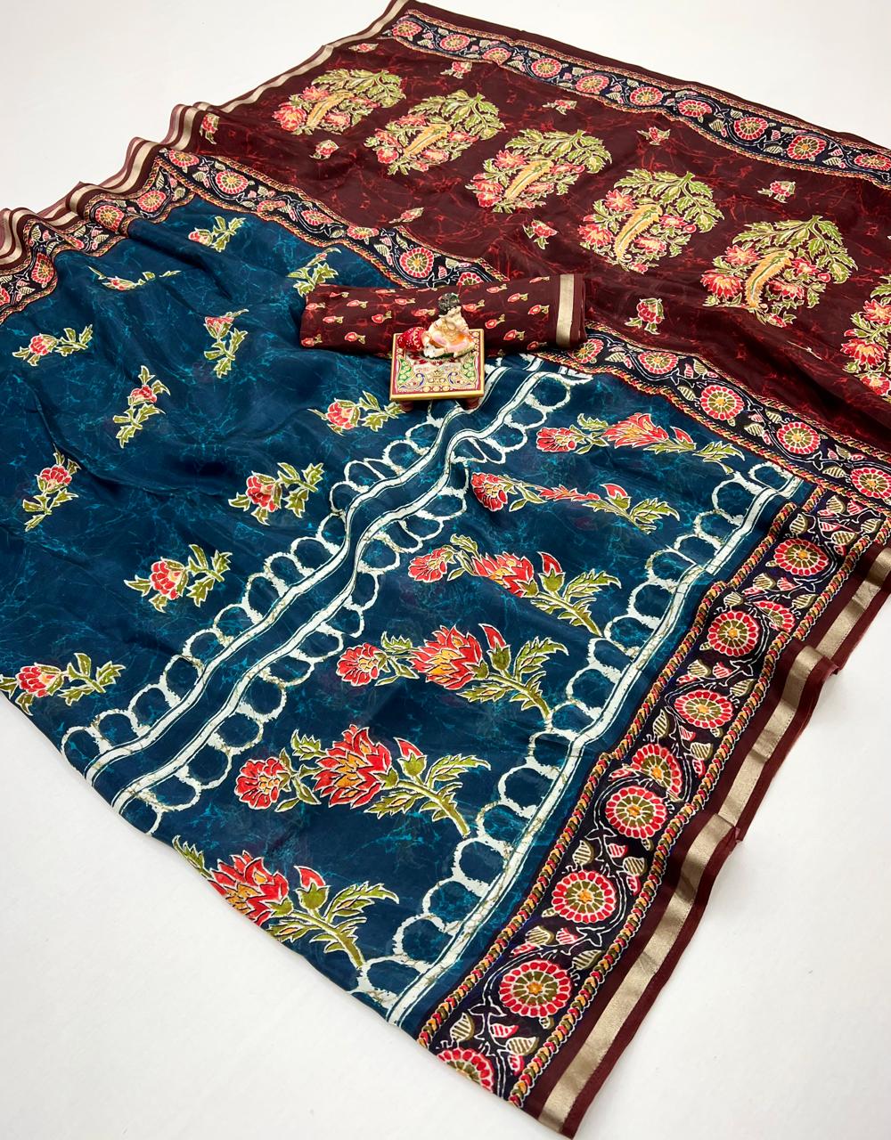 Teal Blue Floral Digital Uppada Silk Saree With Blouse