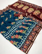 Teal Blue Floral Digital Uppada Silk Saree With Blouse - Blue