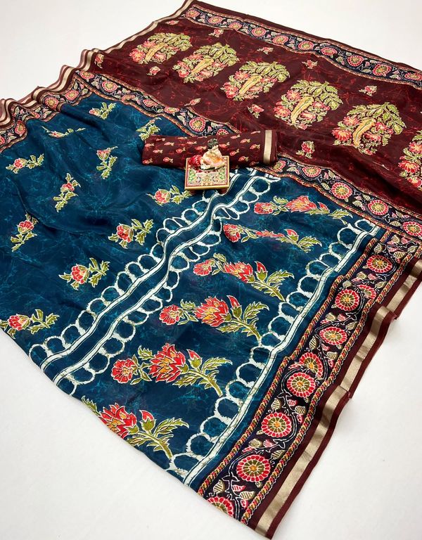 Teal Blue Floral Digital Uppada Silk Saree With Blouse