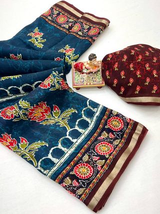 Teal Blue Floral Digital Uppada Silk Saree with Blouse