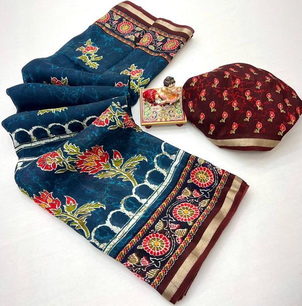 Teal Blue Floral Digital Uppada Silk Saree With Blouse