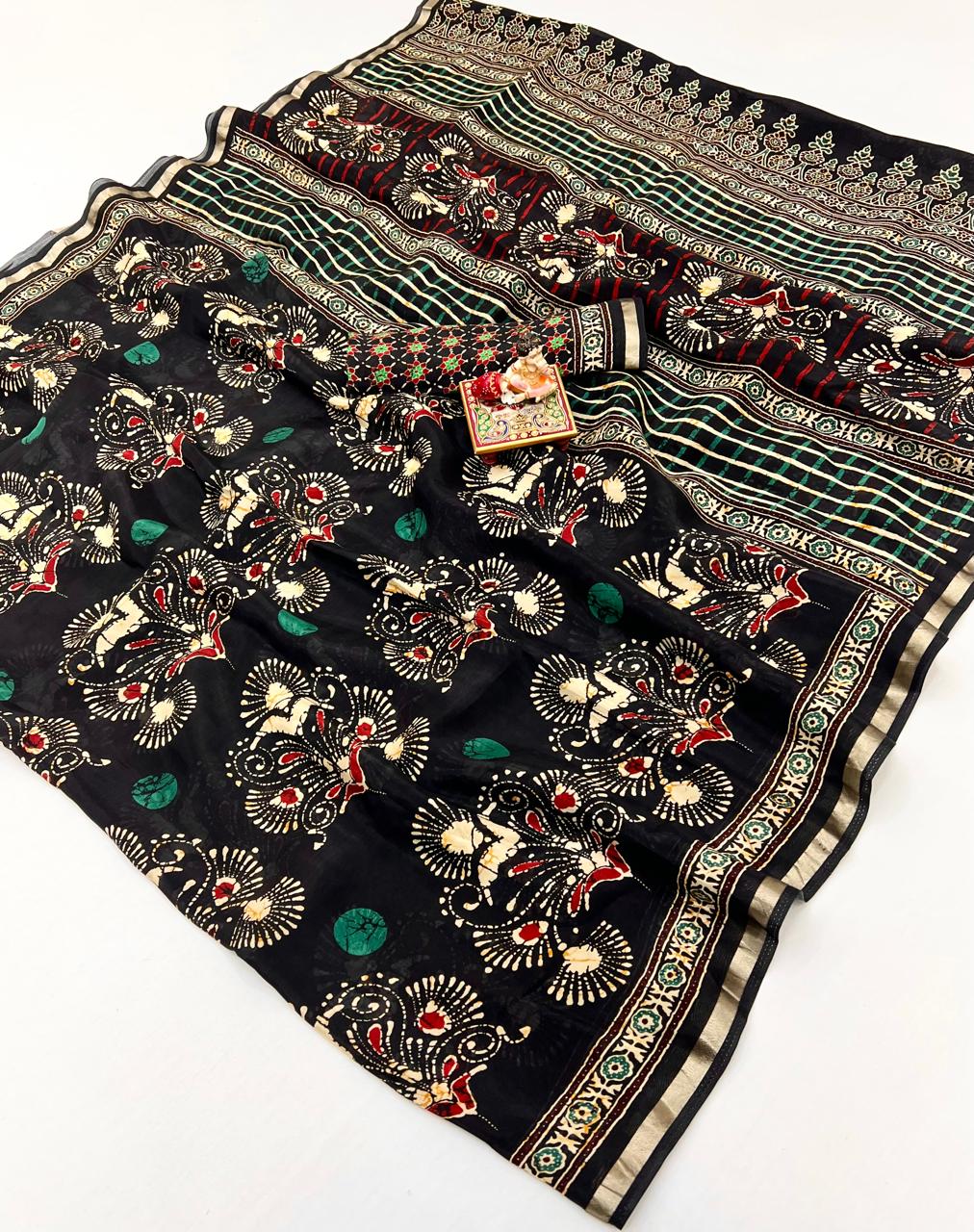 Black Heritage Peacock Digital Silk Saree