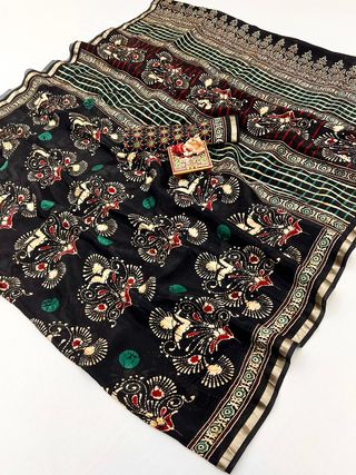 Black Heritage Peacock Digital Silk Saree