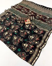 Black Heritage Peacock Digital Silk Saree - Black