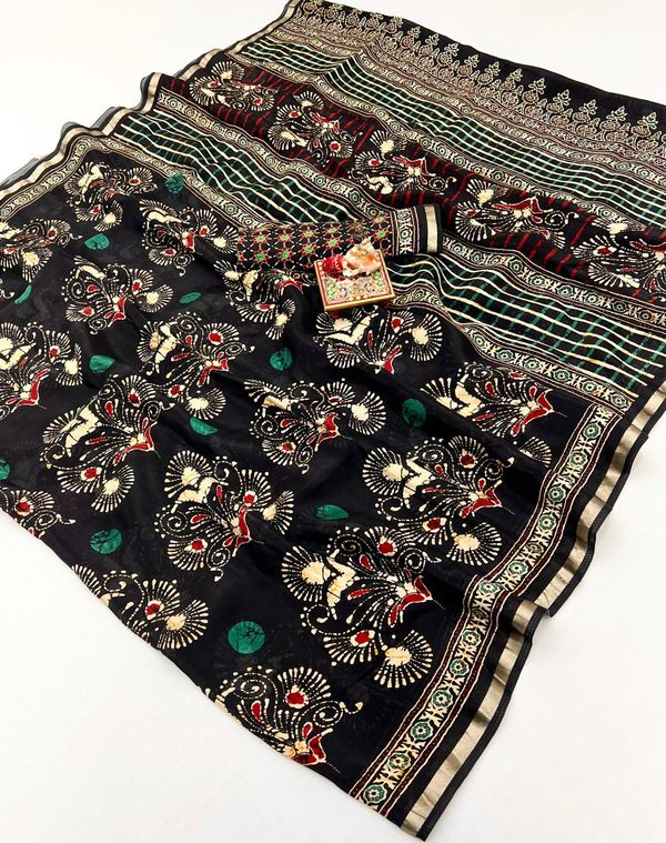 Black Heritage Peacock Digital Silk Saree