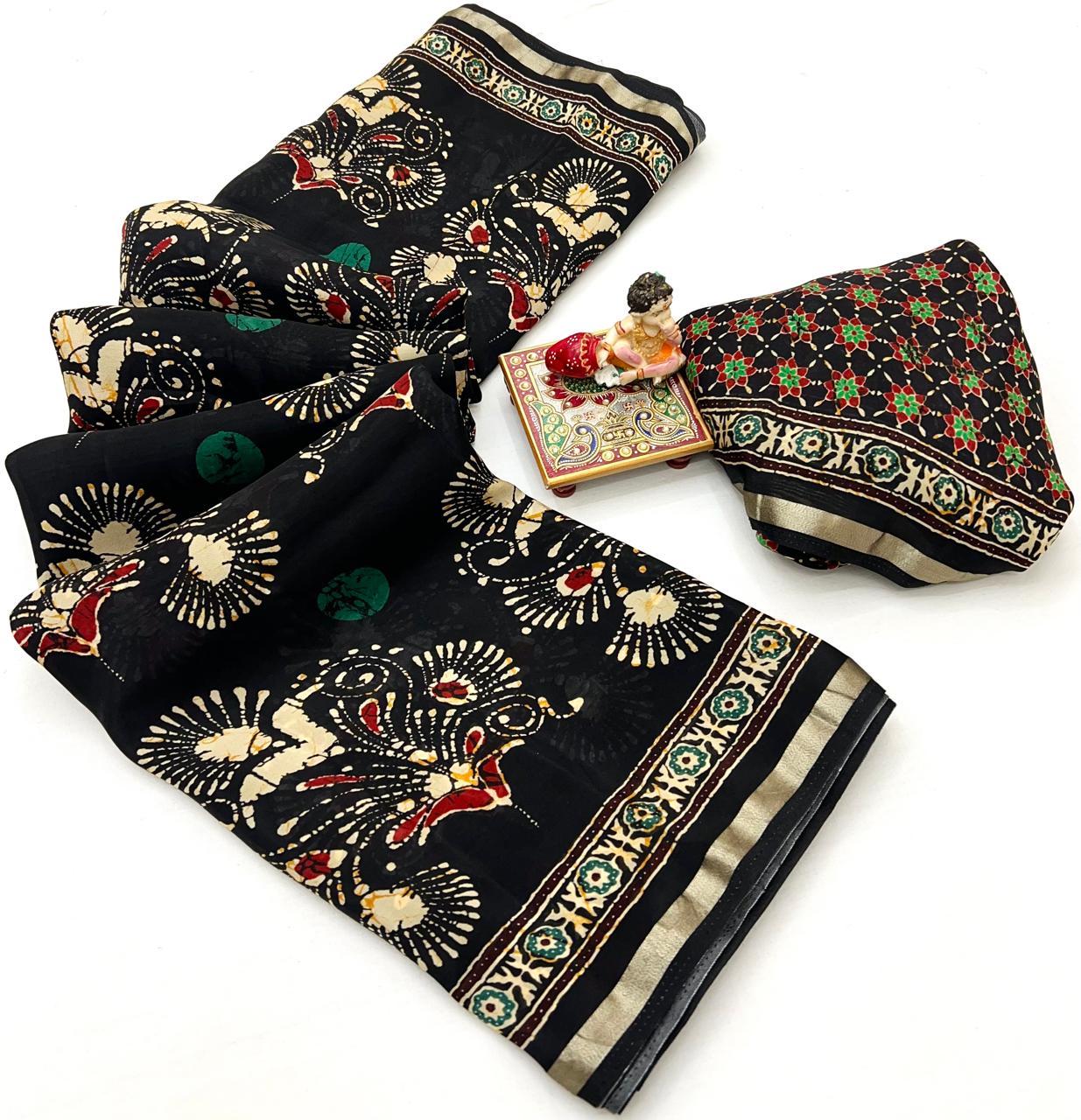 Black Heritage Peacock Digital Silk Saree