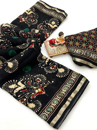 Black Heritage Peacock Digital Silk Saree