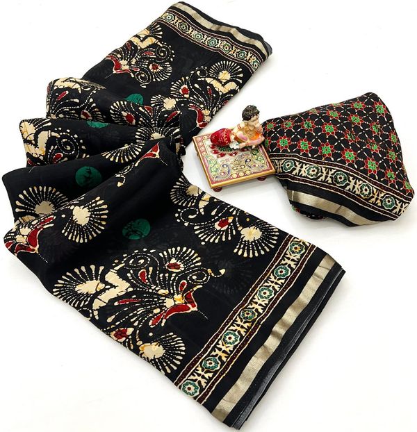 Black Heritage Peacock Digital Silk Saree